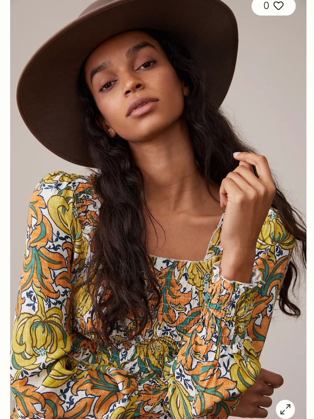 Anthropologie Floral Square-Neck Long Sleeve Top in Mustard & Green